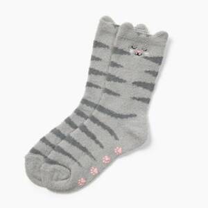 Grey Cat Fuzzy Crew Socks
