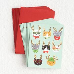 Christmas Cats with Antlers Holiday Card Set